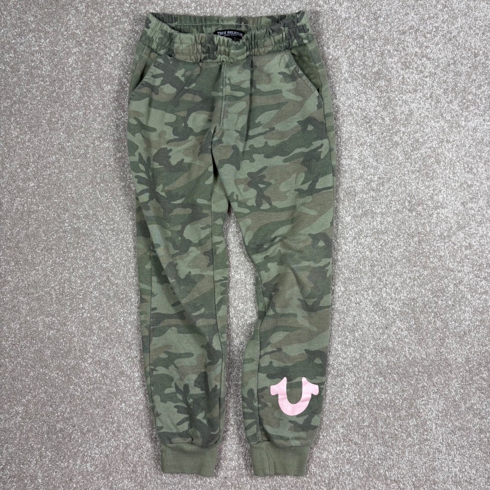 True Religion Kids Camo Joggers Green Pink Horseshoe Logo Sweatpants Size S